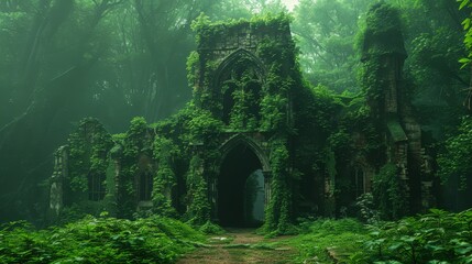 Fototapeta premium Ancient ruins overgrown with ivy, magic aura
