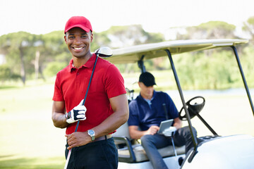 Black man, golf and portrait for sports, fitness and exercise for hobby outdoor. Pro golfer club,...