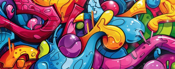 Obraz premium Vibrant Urban Graffiti Artwork Showcasing Colorful Abstract Shapes and Patterns. Horizontal banner