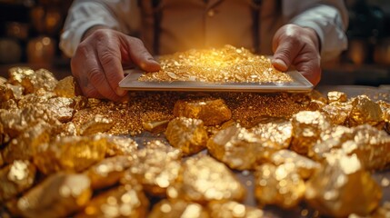 Gold trader examining market fluctuations on a tablet, analytical, photorealistic