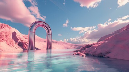 The metallic portal in the middle of the clear river that connected to the ocean that has surrounded with the bright blue cloudy sky and the pink desert with the pink tree and pink mountain. AIGX03.