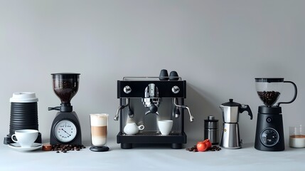 Artfully Arranged Espresso Machine and Accessories on Minimalist Gray Background for Trendy 2024 and Website Photography Generative ai - Powered by Adobe