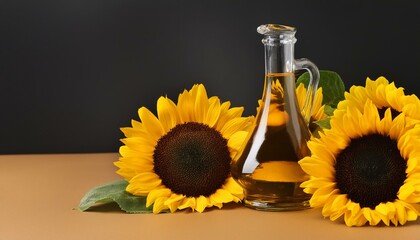 still life with olive oil, bottle of champagne with leaves, sunflowers with leaf leaves with glass bottle of olive oil. Mock up presentation