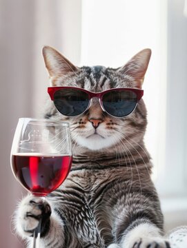 Stylish Cat in Sunglasses Enjoying a Glass of Red Wine Indoors