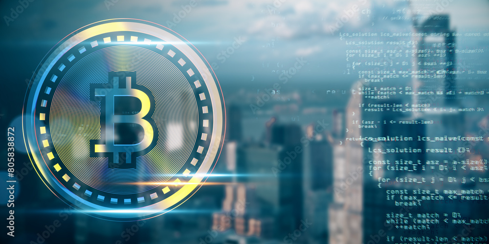 Poster Creative glowing digital bitcoin on blurry wide toned city background with binary coding. Virtual cryptocurrency and futuristic banking concept. Double exposure.
