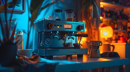 Sophisticated Espresso Machine in Well Lit Inviting Kitchen Setting for High Performance and Website Needs Generative ai