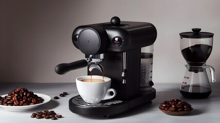 Trendy Eco Friendly and Sustainable Espresso Machine with Contemporary and Functional Accessories on a Simple and Clutter Free Background Generative ai