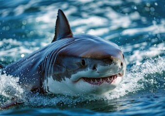 Obraz premium Majestic Great White Shark Emerging from Ocean Waters with Splashes