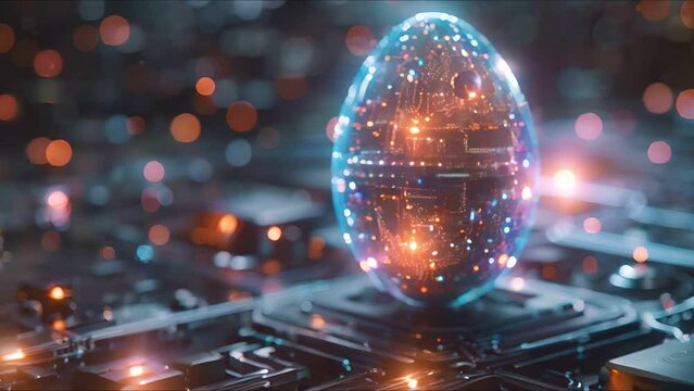 Digital art of a glowing egg with intricate circuit design,