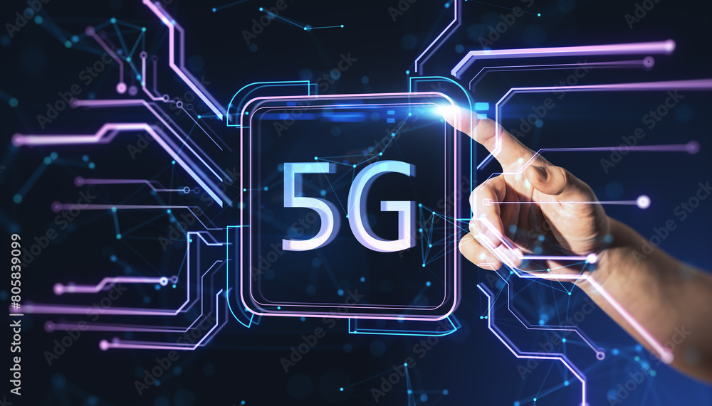 Poster Close up of hand pointing at creative square circuit button hologram with 5G icon. Technology and mobile internet concept.