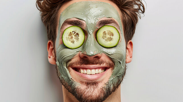 Copy space, face care, facials concept. Happy smiling Middle aged man with beard and facial mask holds cucumber slice on eye. guy skin care wellness treatment routine. Spa, dermatology. Banner.
