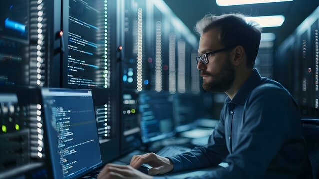 A professional IT specialist coding on a computer in a network setting. Concept Networking, Coding, IT Specialist, Computer, Professionalism