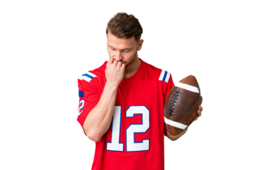 Young caucasian man playing rugby over isolated chroma key background having doubts