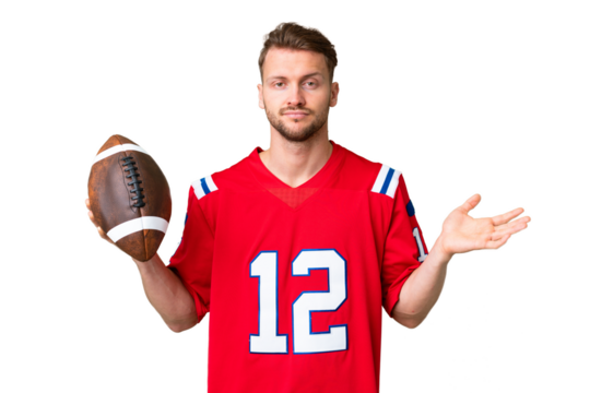 Young caucasian man playing rugby over isolated chroma key background having doubts while raising hands - Powered by Adobe