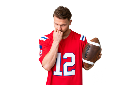 Young caucasian man playing rugby over isolated chroma key background having doubts