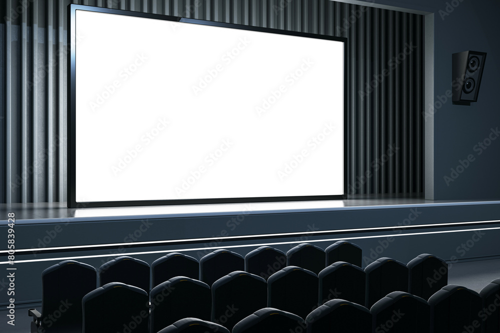 Poster Minimalistic presentation hall with a wide digital screen, event staging area. 3D Rendering