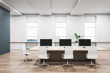 Minimalist office interior with dual monitors on desk. Contemporary, spacious design. 3D Rendering