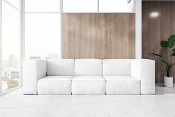 Contemporary living room design with expansive glass windows, chic white couch, and wood paneled walls. 3D Rendering