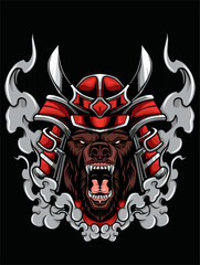 Bear helmet samurai japanese. T-Shirt illustration design vector