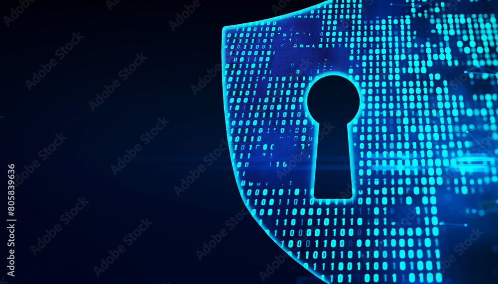 Poster A digital keyhole with binary code, on a dark blue background, symbolizing cybersecurity concept. 3D Rendering