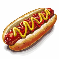 Delicious Hot Dog with Mustard and Ketchup Illustration on White Background