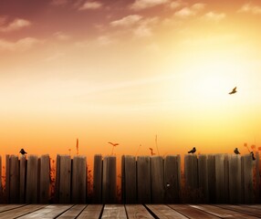 Serene Sunset Birds Silhouette Scenery on Wooden Fence Background
