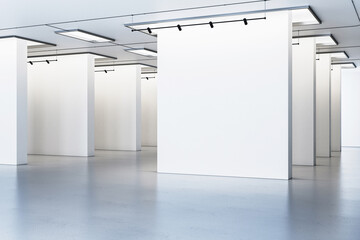 Naklejka premium An empty art gallery interior with white blank walls and a lighting system, with a concept of exhibition space. 3D Rendering