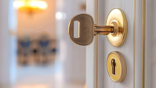 Golden house key in door lock with blurred interior background mockup. Concept Real estate, Home ownership, Key to happiness, Interior design, Housing market