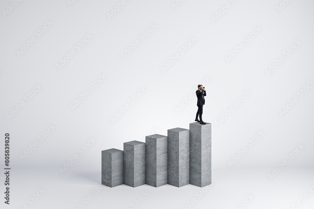 Poster young businessman with telescope standing on concrete growing business chart and looking into the di