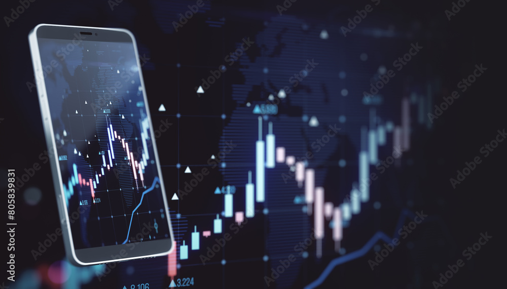Aufkleber Smartphone displaying stock market data with graphs, on a world map background, concept of global finance. 3D Rendering