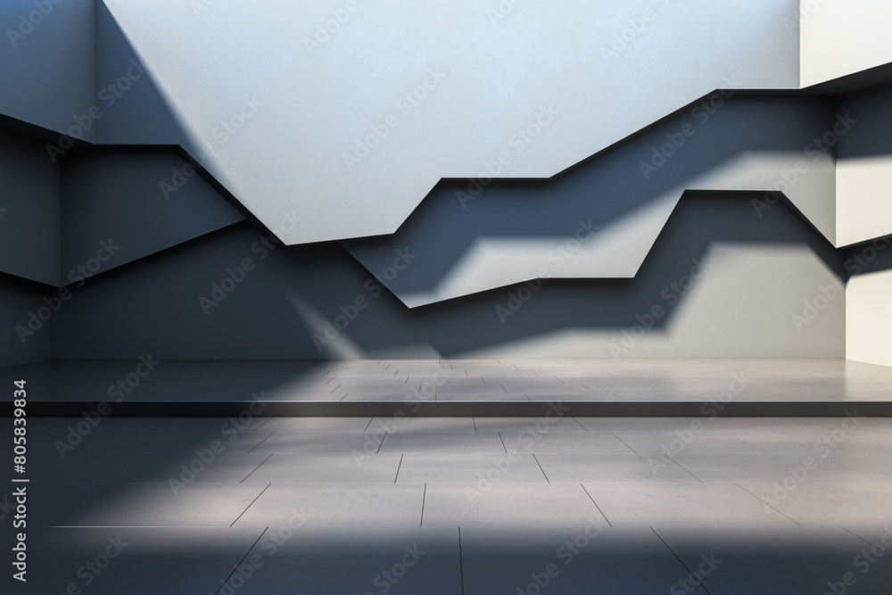 Poster An abstract interior with geometric shapes, in a minimalist style, set against a plain light background, conveying a concept of modern architecture. 3D Rendering