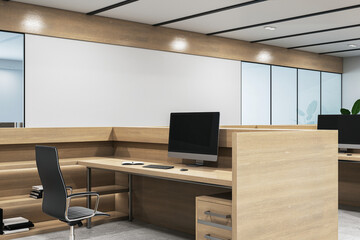 Modern office interior with computers on desks, wood finish, clear lighting, concept of workspace. 3D Rendering