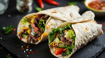 Burritos wraps with beef and vegetables on black background. Generative Ai