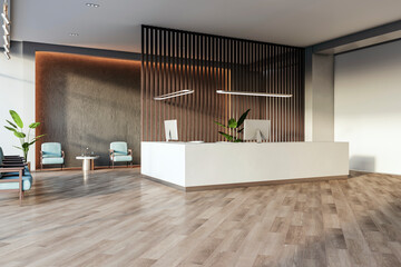 A modern office reception area with a desk, seating, decorative wood slats, and a textured wall, the concept of corporate interior design. 3D Rendering