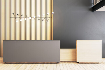 A modern reception area with wooden slatted wall, stylish lighting, and elegant desks on a wooden floor, symbolizing a sleek office lobby. 3D Rendering