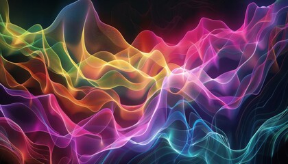 A digital fractal artwork depicting geometric wave patterns, each line bursting with neon colors