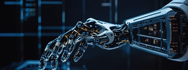 Machine learning, Hands of robot and human touching on big data network connection, Data exchange, deep learning, Science and artificial intelligence technology, innovation of futuristic