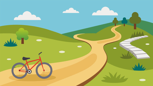 A park trail lined with paved and unpaved segments accommodating cyclists on adaptive allterrain trikes.. Vector illustration