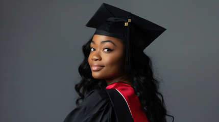 beautiful black woman in a graduation gown, in a studio shot, against a gray background, smiling and looking at the camera