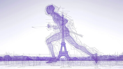 A blurry image of a man running with a statue of Eiffel Tower in the background - obrazy, fototapety, plakaty