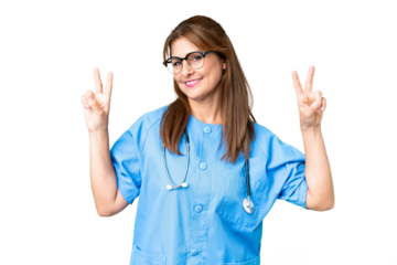 Middle age nurse woman over isolated background showing victory sign with both hands