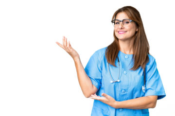 Middle age nurse woman over isolated background extending hands to the side for inviting to come