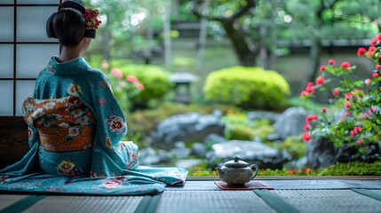 Japanese Woman in Traditional Kimono Participating in Serene Tea Ceremony Amidst Lush Garden...