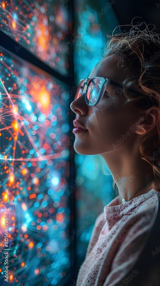 Poster physicist analyzing particle collision data at advanced physics research facility