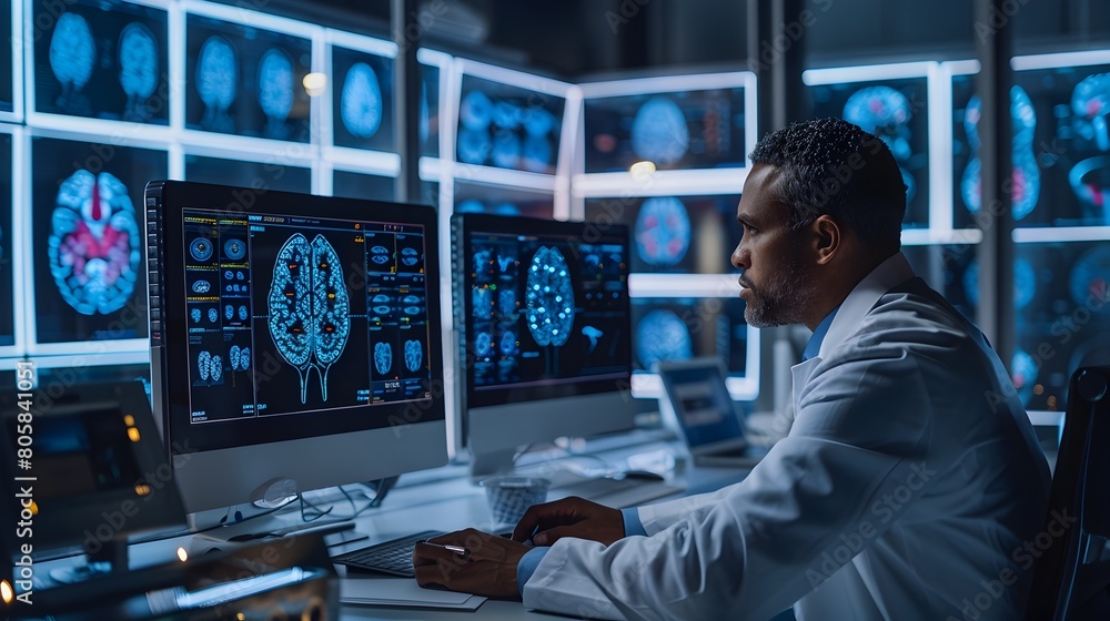 Aufkleber neuroscientist observing brain activity patterns on monitors during cognitive test