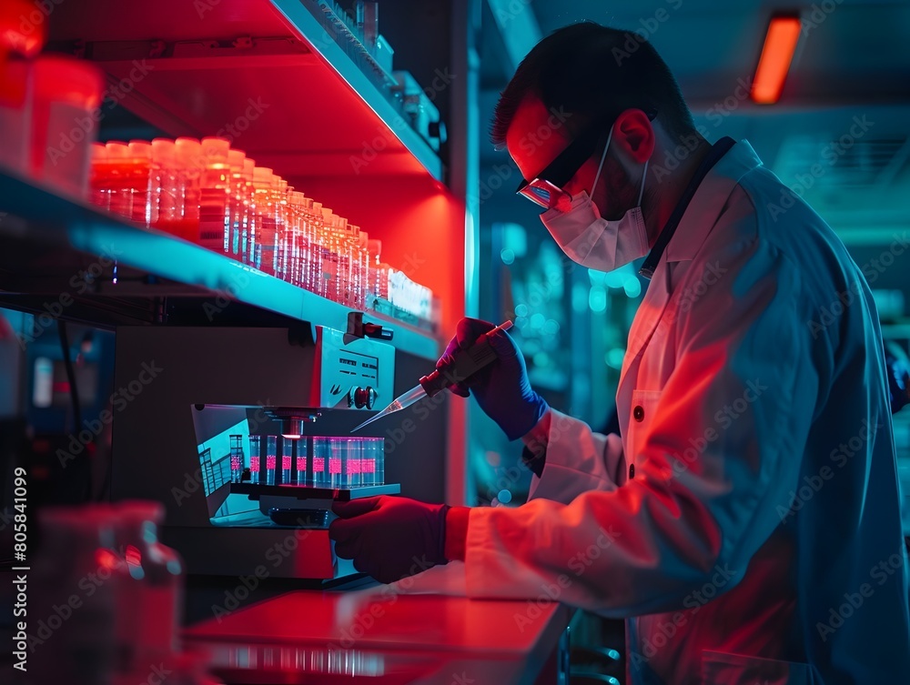 Poster biotechnologist conducting groundbreaking gene editing experiments in secure laboratory setting for 