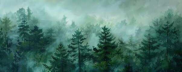 A forest landscape in varying shades of green, showcasing a misty depth with trees fading into the distance