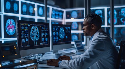 Neuroscientist Observing Brain Activity Patterns on Monitors During Cognitive Test - Powered by Adobe