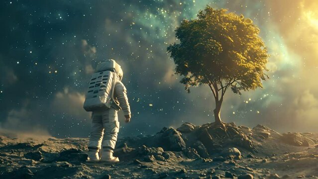 Astronaut plants a tree on moon surface, clear galaxy sky,