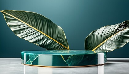Opulent green marble mockup adorned with tropical leaves, evoking a sense of luxury and sophistication malachite podium for product display background